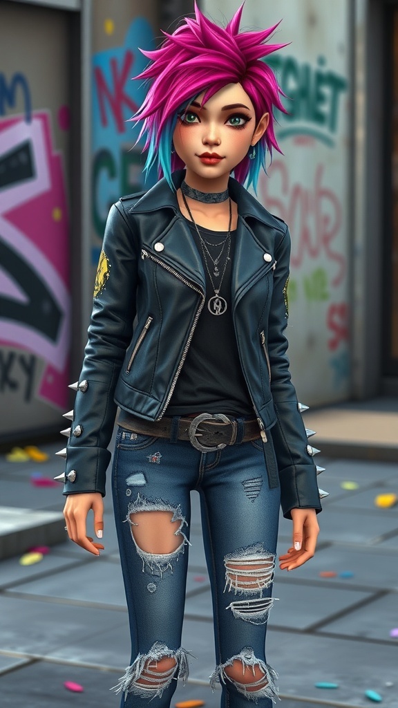Sims 4 character in crust punk attire with ripped jeans and a leather jacket in an urban setting.